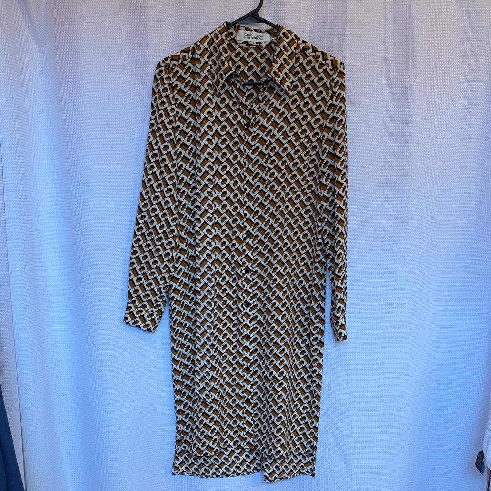 Diane Von Furstenberg Black and Brown Long Sleeve Shirt Dress